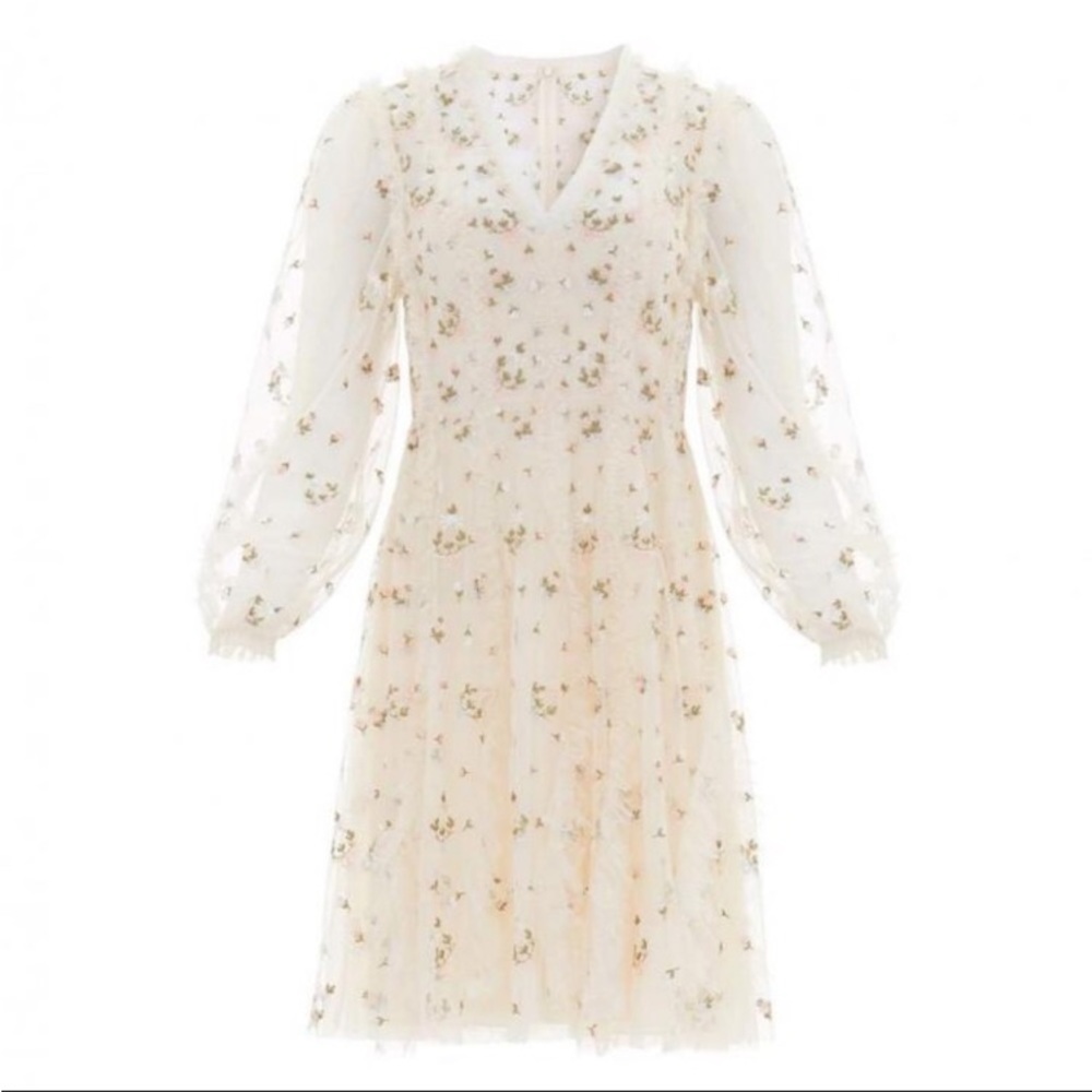Needle & thread dress size 6 US Cream blue & pink flowers  long sleeve.